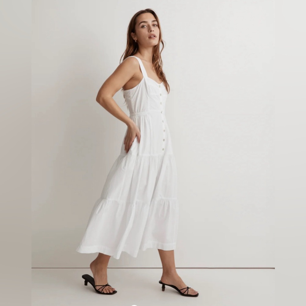 Madewell Button-Front Tiered Midi Dress, 100% cotton, white, sz 6 petite, EUC
